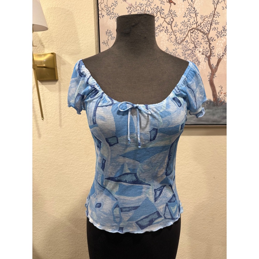 Marianne Blue Geometric‎ Abstract Print Off Shoulder Tie Front Top Y2K Small